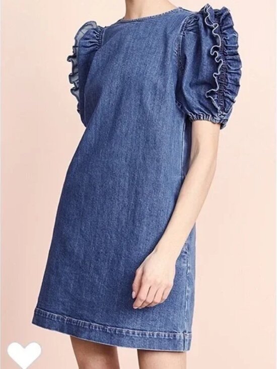 Ulla Johnson Dresses & Skirts - Womens Ulla Johnson Poppy (Item- 12) Blue Denim Ruffled Slv Mini Shift Dress 4